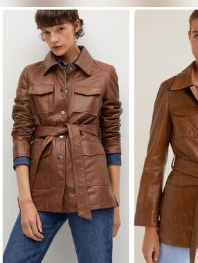 Mango Leather Utility Jacket Belted Brown Size Xs
